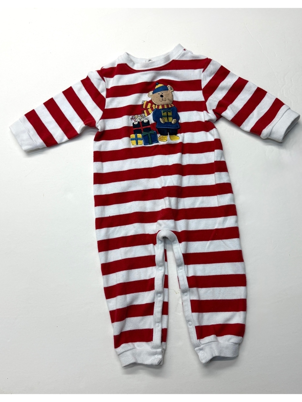Vintage 90s Y2K All Mine Baby Sleeper Red Striped Christmas Bear 18 Months